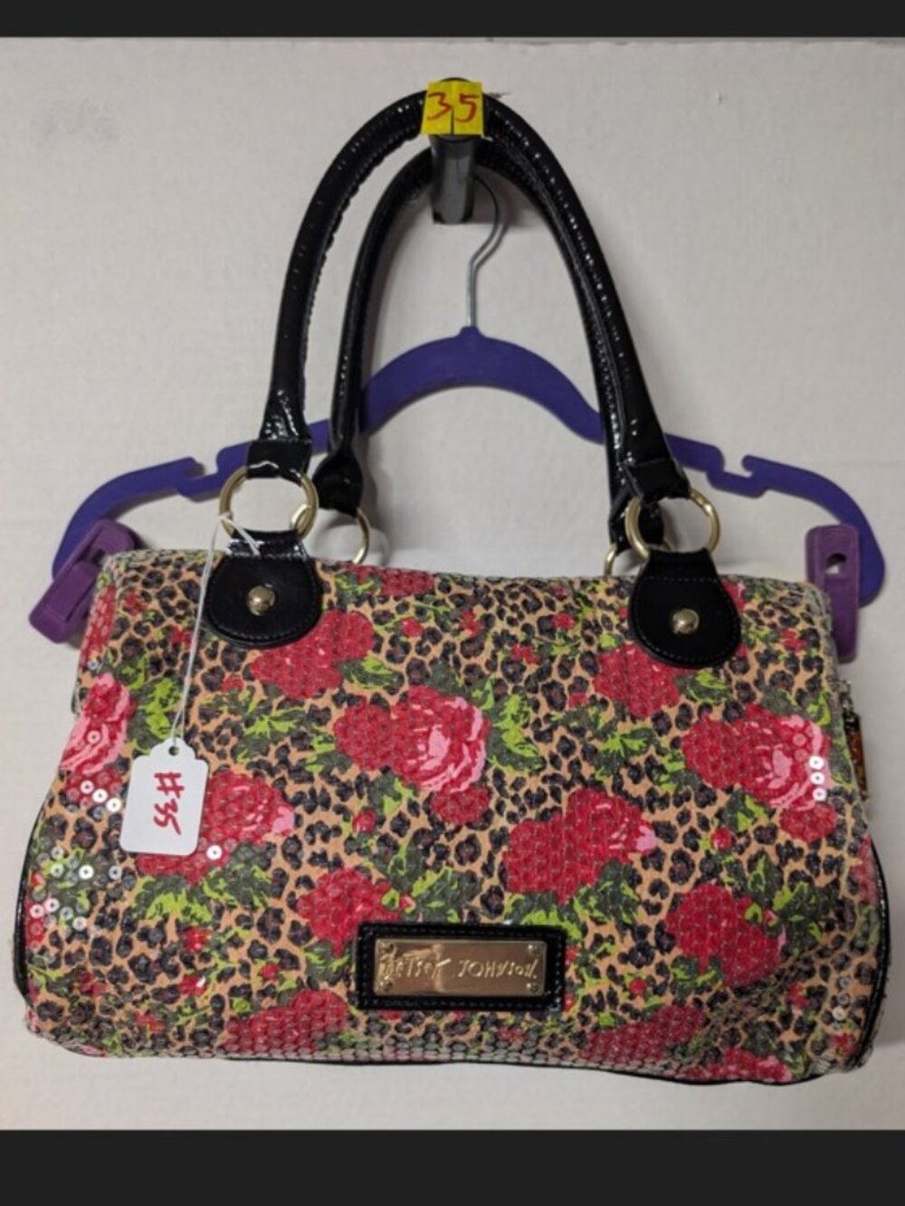 Betsey Johnson Floral Leopard Sequin Purse Black Handles